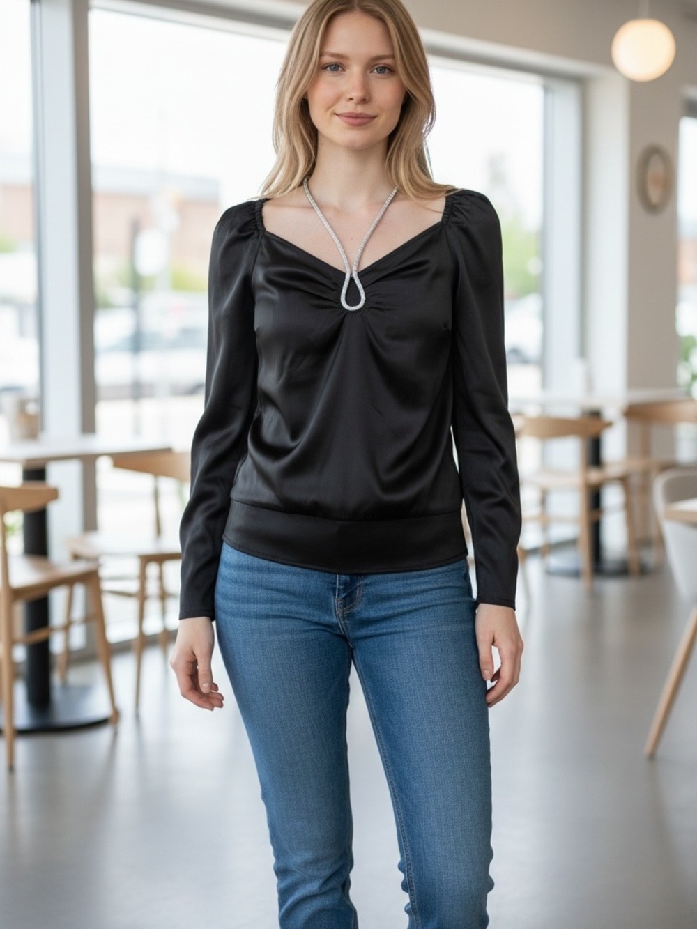 Rachel Zoe NWT Black Satin Rhinestone Ruched Long Sleeve Top Size S